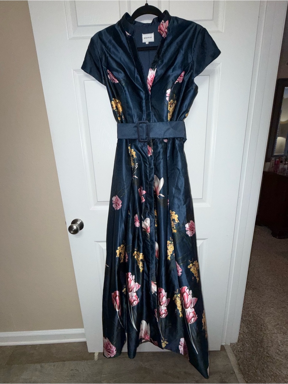 A-Line Princess V Neck Printed Satin Dress